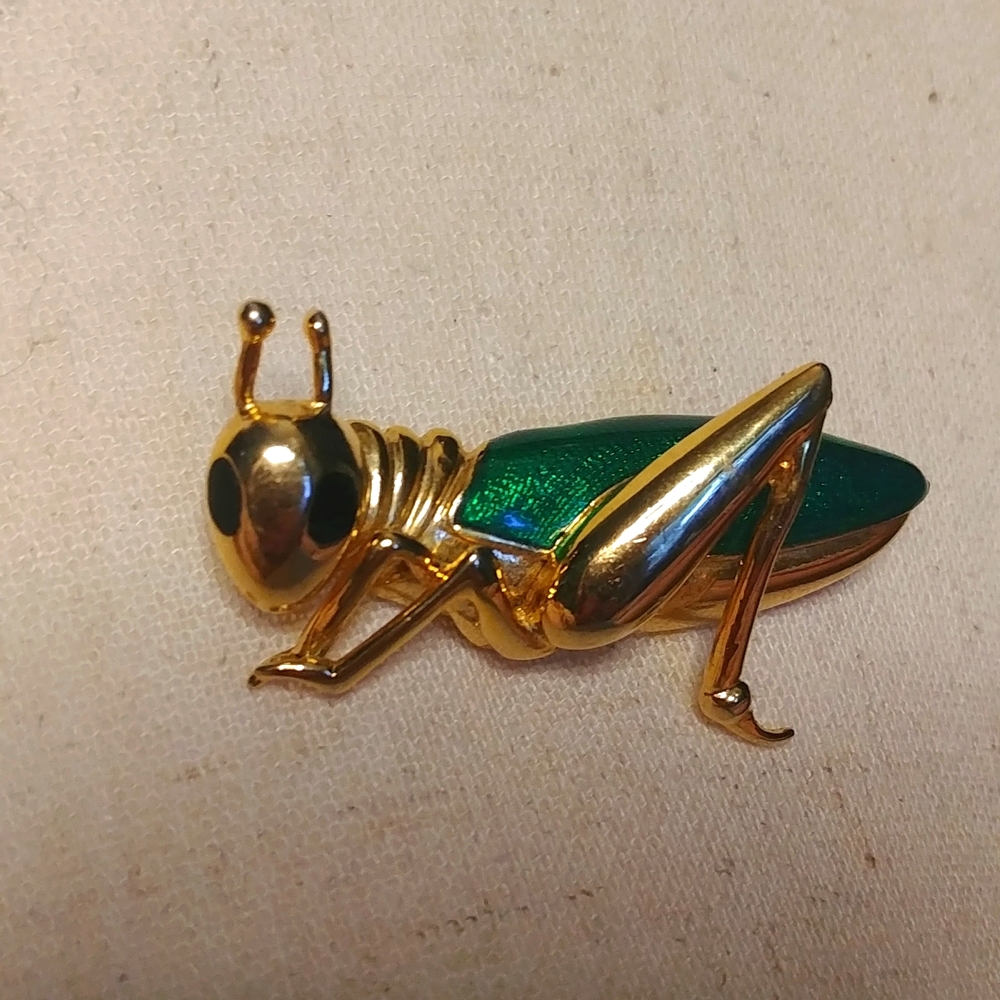 Vintage Gold and Green Coloured Grasshopper Enameled Brooch